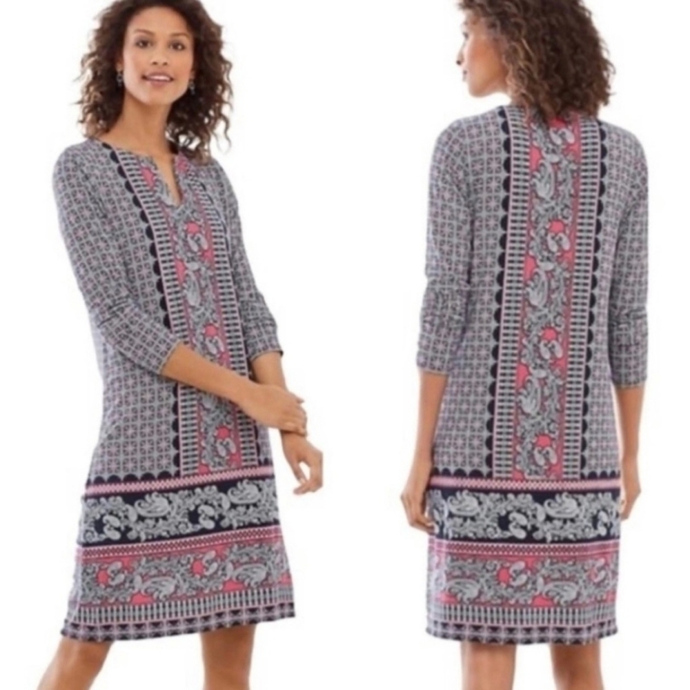 NWT J. Jill Navy Blue Pink White Paisley Geometric 3/4 Sleeve Tunic Shift Dress